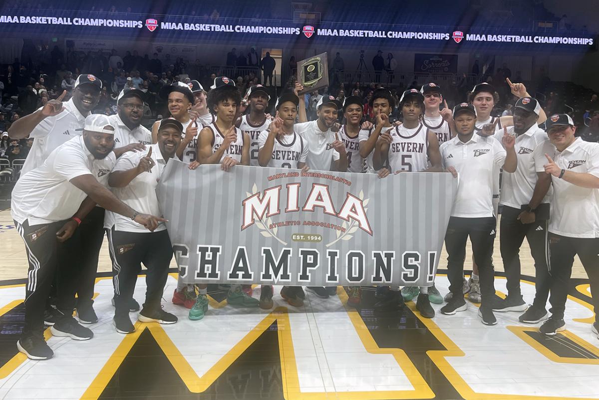 The Severn boys basketball team completed an undefeated season against MIAA B Conference competition with a 62-46 victory over Gerstell Academy in Saturday's championship game at UMBC. (Photo by Derek Toney)